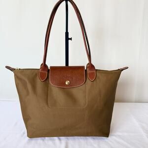 Longchamp Original tote bag with Fawn/Green colored nylon and Brown Leather Trim